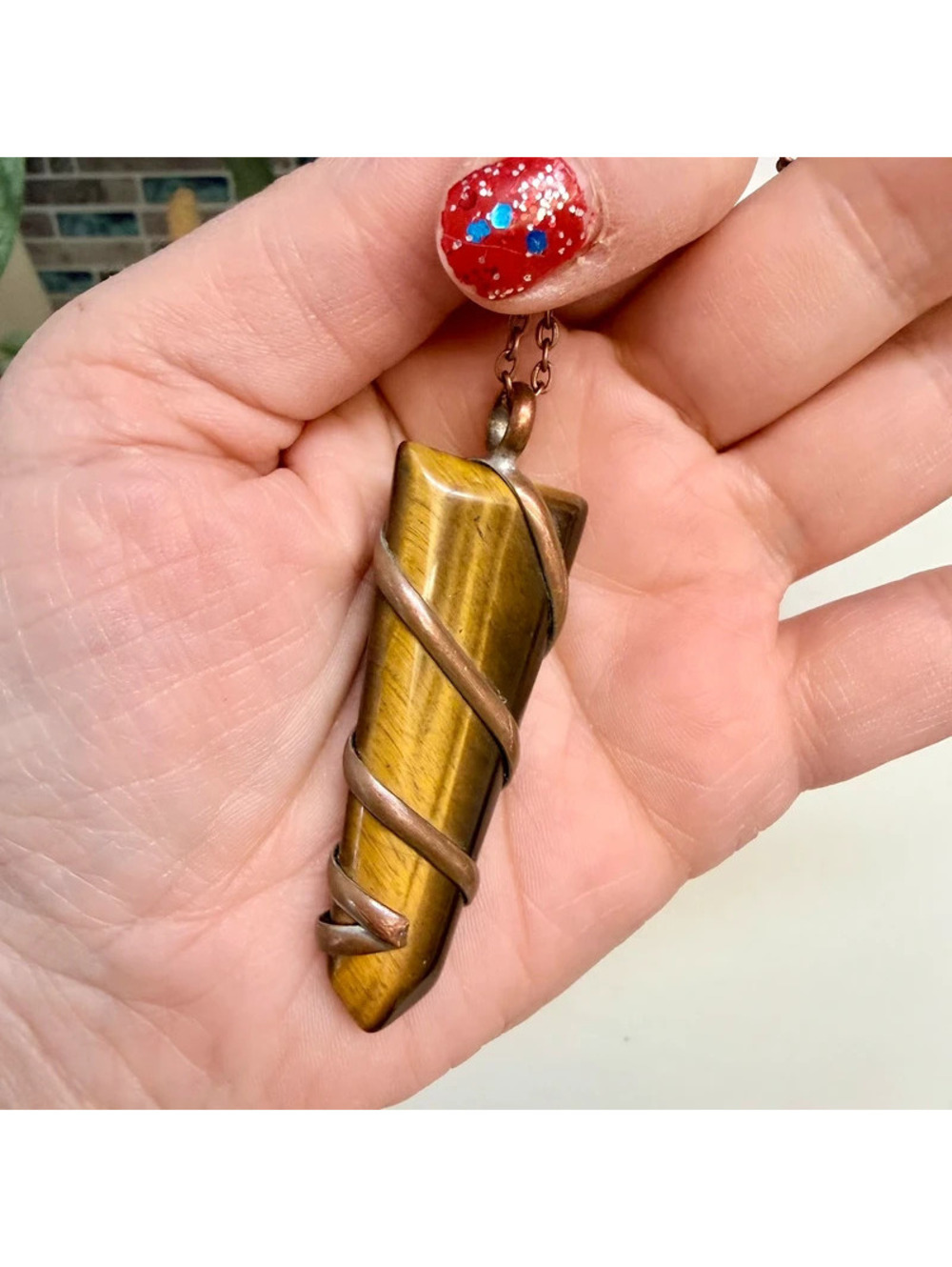 Natural Tiger's Eye Crystal Copper Wire Wrapped Boho Necklace